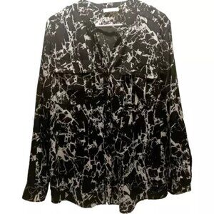 Calvin Klein Womens Blouse Medium Black White Roll Tab Long Sleeve Front Pockets